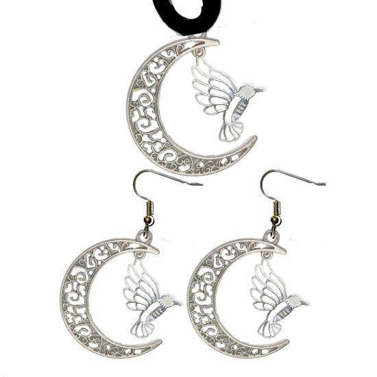 Imagen de Hermoso Colibri Silueta Grande Alta Durabilidad en Luna Creciente Negra 41x31mm en Aretes, Collar o Juego (Aretes+Collar)+9 Combinaciones y Modelos para Escoger x1col