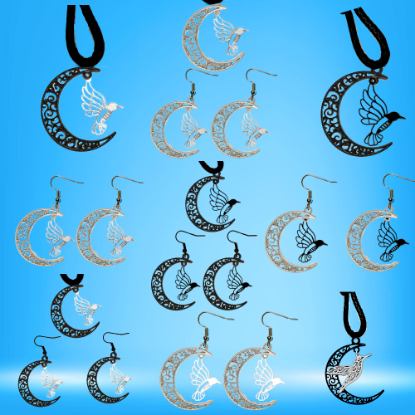 Imagen de Hermoso Colibri Silueta Grande Alta Durabilidad en Luna Creciente Negra 41x31mm en Aretes, Collar o Juego (Aretes+Collar)+9 Combinaciones y Modelos para Escoger x1col