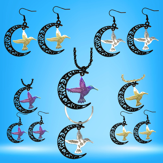Imagen de Hermoso Colibri Acero Inoxidable Alta Durabilidad en Luna Creciente Negra 41x31mm en Aretes, Collar o Juego (Aretes+Collar)+9 Combinaciones y Modelos para Escoger x1col-Lopi