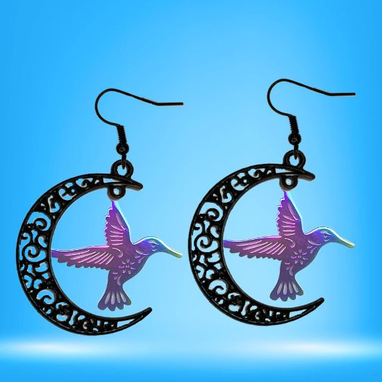 Imagen de Hermoso Colibri Acero Inoxidable Alta Durabilidad en Luna Creciente Negra 41x31mm en Aretes, Collar o Juego (Aretes+Collar)+9 Combinaciones y Modelos para Escoger x1col-Lopi
