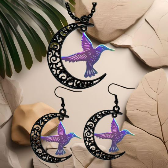 Imagen de Hermoso Colibri Acero Inoxidable Alta Durabilidad en Luna Creciente Negra 41x31mm en Aretes, Collar o Juego (Aretes+Collar)+9 Combinaciones y Modelos para Escoger x1col-Lopi
