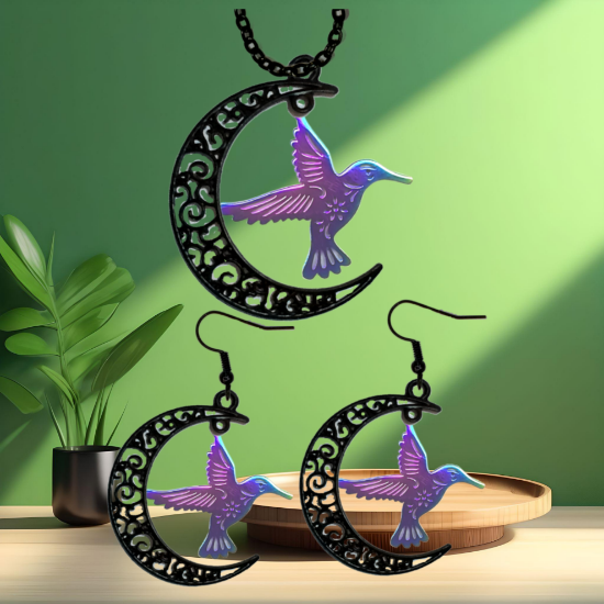 Imagen de Hermoso Colibri Acero Inoxidable Alta Durabilidad en Luna Creciente Negra 41x31mm en Aretes, Collar o Juego (Aretes+Collar)+9 Combinaciones y Modelos para Escoger x1col-Lopi