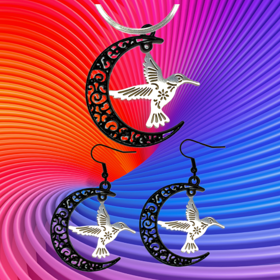 Imagen de Hermoso Colibri Acero Inoxidable Alta Durabilidad en Luna Creciente Negra 41x31mm en Aretes, Collar o Juego (Aretes+Collar)+9 Combinaciones y Modelos para Escoger x1col-Lopi