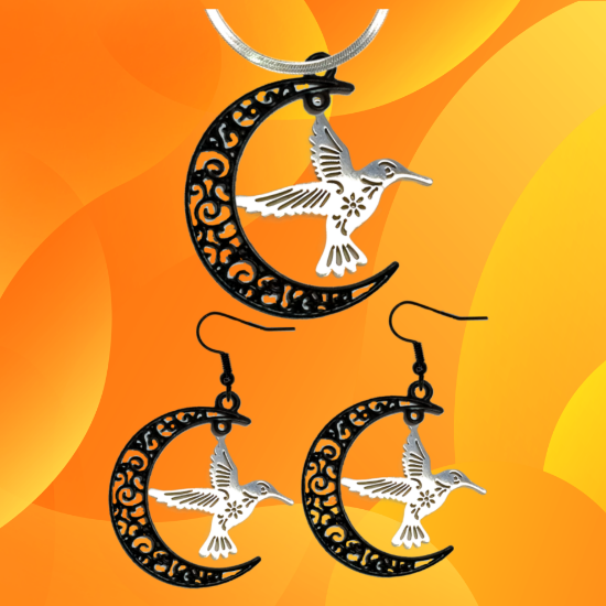 Imagen de Hermoso Colibri Acero Inoxidable Alta Durabilidad en Luna Creciente Negra 41x31mm en Aretes, Collar o Juego (Aretes+Collar)+9 Combinaciones y Modelos para Escoger x1col-Lopi