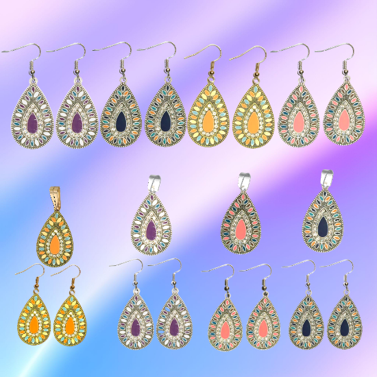 Imagen de Elegantes Dije(s)  en 1 Par Aretes o  en Juego Alta Durabilidad Gota Grande 35x25mm + Incrustaciones Cristal Zirconia Para Toda Ocasion +9 MOdelos a Escoger x1aregg