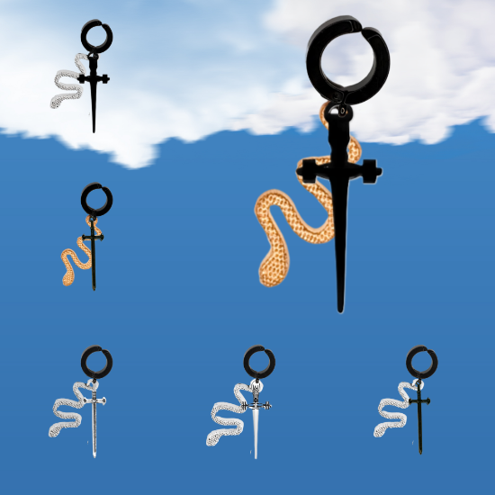 Imagen de Espada Corta+ Serpiente en Arete Negro Falso Acero Inoxidable / Arracada Falsa o Arete Clip+ de 6 Modelos para Escoger x1-8