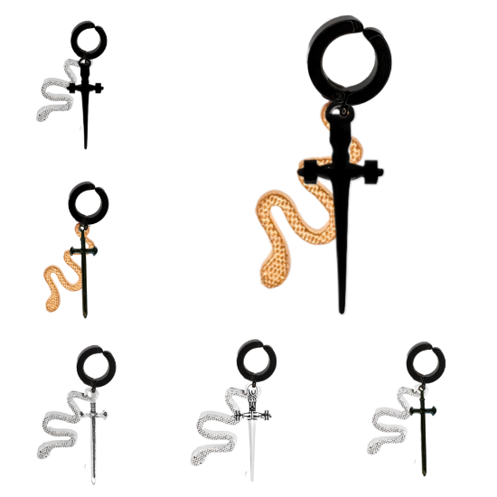 Imagen de Espada Corta+ Serpiente en Arete Negro Falso Acero Inoxidable / Arracada Falsa o Arete Clip+ de 6 Modelos para Escoger x1-8