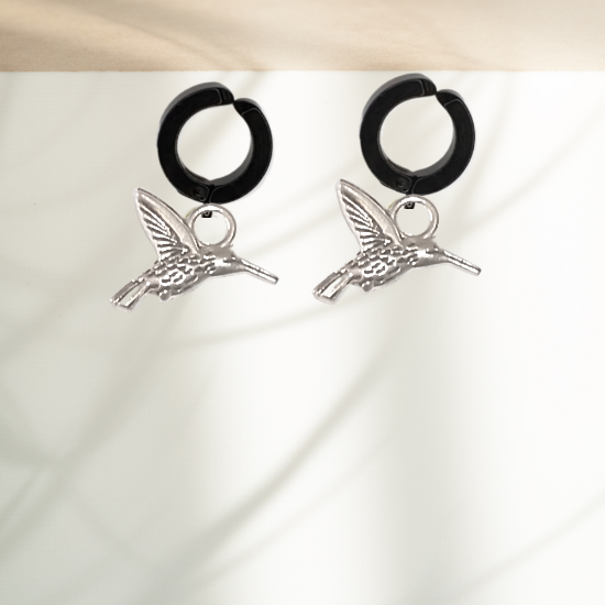 Imagen de 1 Par de Bonitos Colibries en Aretes Negros Falsos o Arracadas Negras Falsas Acero  Alta Durabilidad +5 Modelos y Colores para Escoger X1-9