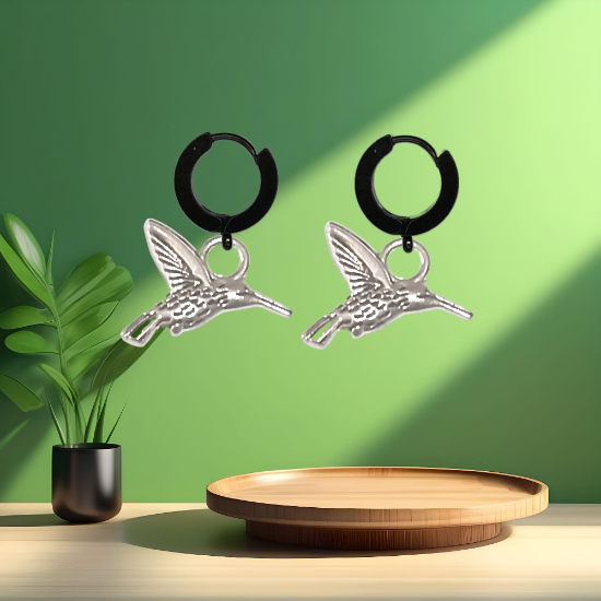 Imagen de 1 Par de Bonitos Colibries en Aretes Negros o Arracadas Negras Verdaderas Acero  Alta Durabilidad +5 Modelos y Colores para Escoger X1-9