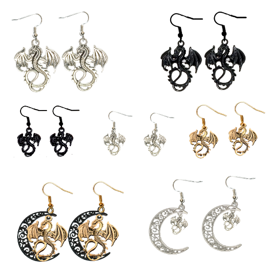 Imagen de 1 Par de Aretes con Dije de Dragon Vikingo Grande o Chico Con o Sin Luna+ de 3 Modelos para Escoger x1-10