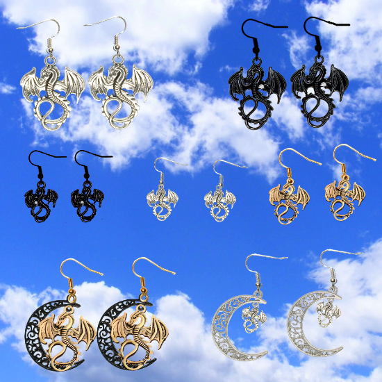 Imagen de 1 Par de Aretes con Dije de Dragon Vikingo Grande o Chico Con o Sin Luna+ de 3 Modelos para Escoger x1-10