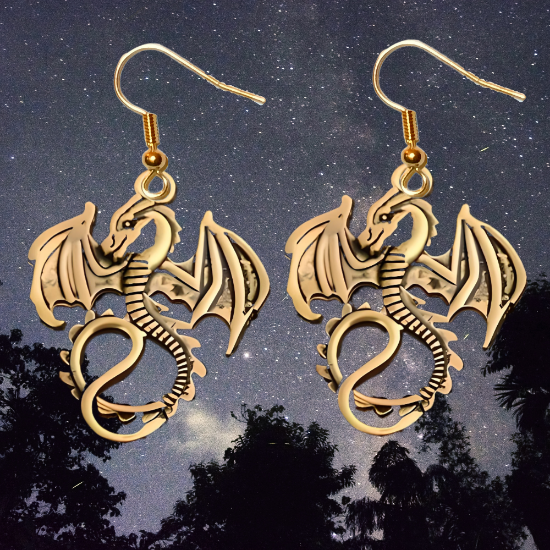 Imagen de 1 Par de Aretes con Dije de Dragon Vikingo Grande o Chico Con o Sin Luna+ de 3 Modelos para Escoger x1-10