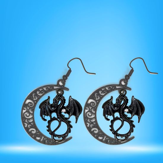 Imagen de 1 Par de Aretes con Dije de Dragon Vikingo Grande o Chico Con o Sin Luna+ de 3 Modelos para Escoger x1-10