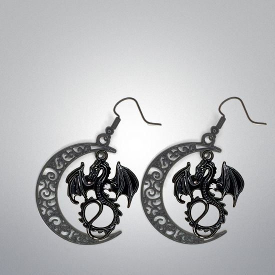 Imagen de 1 Par de Aretes con Dije de Dragon Vikingo Grande o Chico Con o Sin Luna+ de 3 Modelos para Escoger x1-10