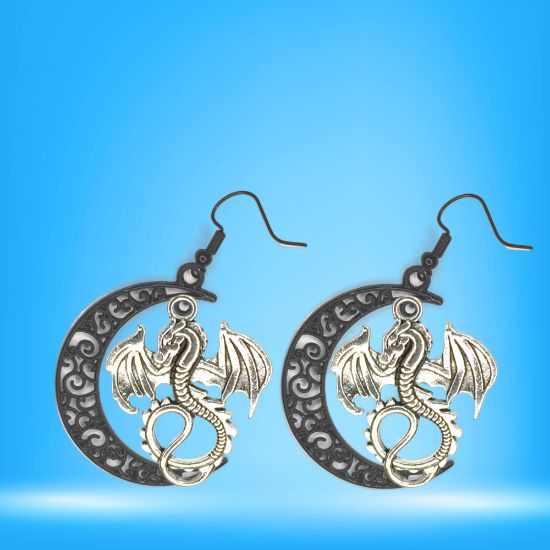 Imagen de 1 Par de Aretes con Dije de Dragon Vikingo Grande o Chico Con o Sin Luna+ de 3 Modelos para Escoger x1-10