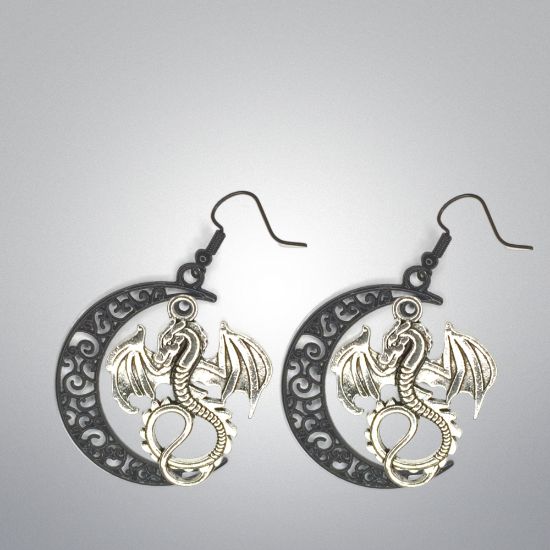 Imagen de 1 Par de Aretes con Dije de Dragon Vikingo Grande o Chico Con o Sin Luna+ de 3 Modelos para Escoger x1-10