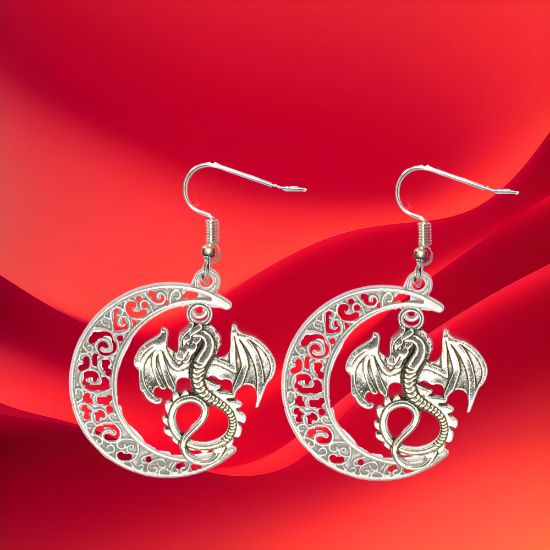 Imagen de 1 Par de Aretes con Dije de Dragon Vikingo Grande o Chico Con o Sin Luna+ de 3 Modelos para Escoger x1-10