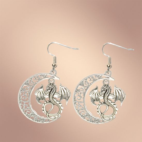 Imagen de 1 Par de Aretes con Dije de Dragon Vikingo Grande o Chico Con o Sin Luna+ de 3 Modelos para Escoger x1-10