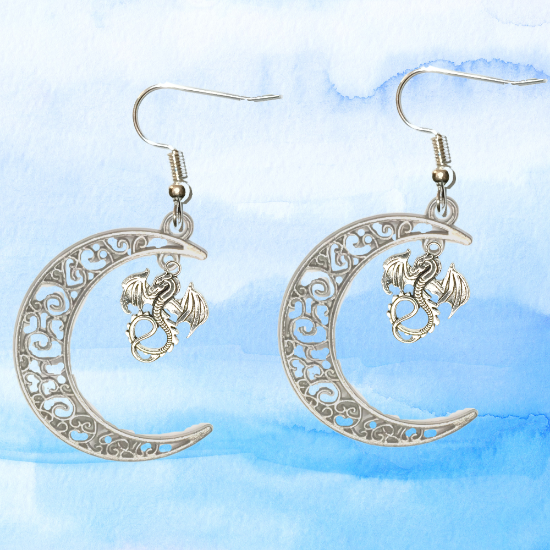 Imagen de 1 Par de Aretes con Dije de Dragon Vikingo Grande o Chico Con o Sin Luna+ de 3 Modelos para Escoger x1-10