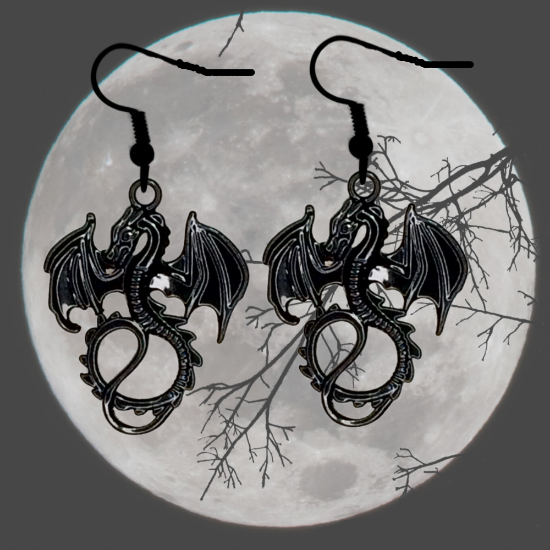 Imagen de 1 Par de Aretes con Dije de Dragon Vikingo Grande o Chico Con o Sin Luna+ de 3 Modelos para Escoger x1-10