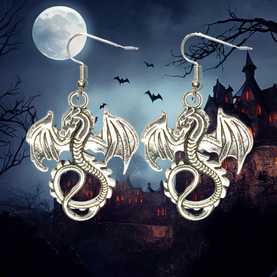 Imagen de 1 Par de Aretes con Dije de Dragon Vikingo Grande o Chico Con o Sin Luna+ de 3 Modelos para Escoger x1-10