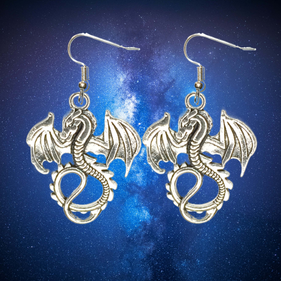 Imagen de 1 Par de Aretes con Dije de Dragon Vikingo Grande o Chico Con o Sin Luna+ de 3 Modelos para Escoger x1-10