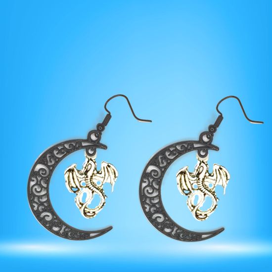 Imagen de 1 Par de Aretes con Dije de Dragon Vikingo Grande o Chico Con o Sin Luna+ de 3 Modelos para Escoger x1-10