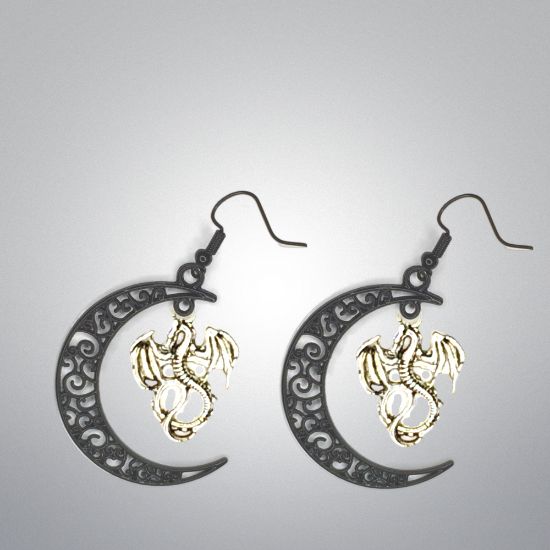 Imagen de 1 Par de Aretes con Dije de Dragon Vikingo Grande o Chico Con o Sin Luna+ de 3 Modelos para Escoger x1-10