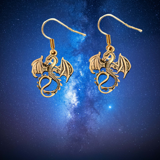 Imagen de 1 Par de Aretes con Dije de Dragon Vikingo Grande o Chico Con o Sin Luna+ de 3 Modelos para Escoger x1-10