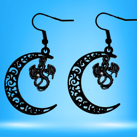 Imagen de 1 Par de Aretes con Dije de Dragon Vikingo Grande o Chico Con o Sin Luna+ de 3 Modelos para Escoger x1-10