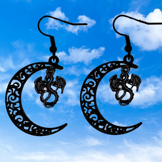 Imagen de 1 Par de Aretes con Dije de Dragon Vikingo Grande o Chico Con o Sin Luna+ de 3 Modelos para Escoger x1-10