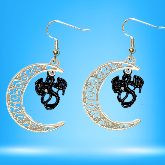 Imagen de 1 Par de Aretes con Dije de Dragon Vikingo Grande o Chico Con o Sin Luna+ de 3 Modelos para Escoger x1-10