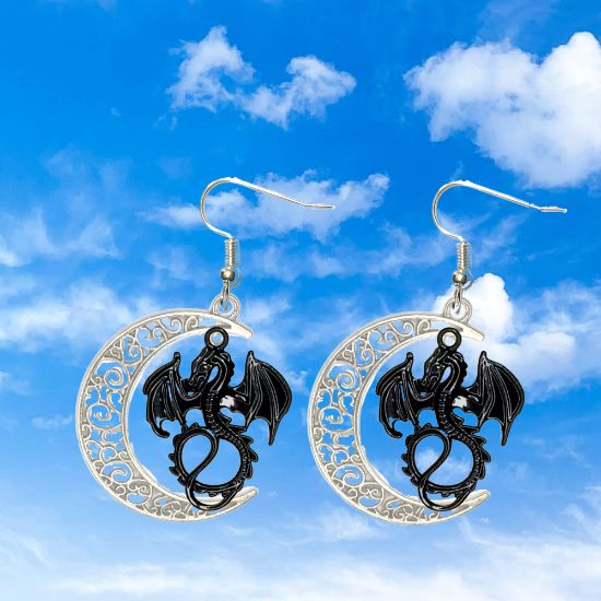 Imagen de 1 Par de Aretes con Dije de Dragon Vikingo Grande o Chico Con o Sin Luna+ de 3 Modelos para Escoger x1-10