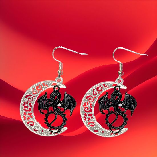 Imagen de 1 Par de Aretes con Dije de Dragon Vikingo Grande o Chico Con o Sin Luna+ de 3 Modelos para Escoger x1-10