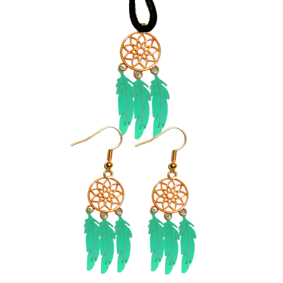 Imagen de Juego de Atrapasueños Color Dorado (Aretes+ Collar) Con Plumas de Diferentes Color Alta Durabilidad + 10 Modelos  para Escoger x1-10