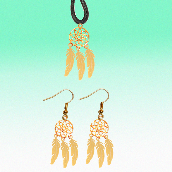 Imagen de Juego de Atrapasueños Color Dorado (Aretes+ Collar) Con Plumas de Diferentes Color Alta Durabilidad + 10 Modelos  para Escoger x1-10