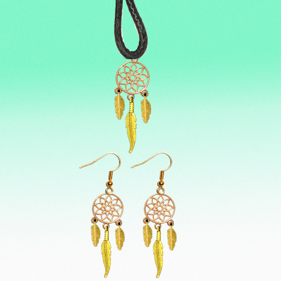 Imagen de Juego de Atrapasueños Color Dorado (Aretes+ Collar) Con Plumas de Diferentes Color Alta Durabilidad + 10 Modelos  para Escoger x1-10