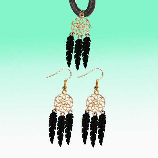 Imagen de Juego de Atrapasueños Color Dorado (Aretes+ Collar) Con Plumas de Diferentes Color Alta Durabilidad + 10 Modelos  para Escoger x1-10