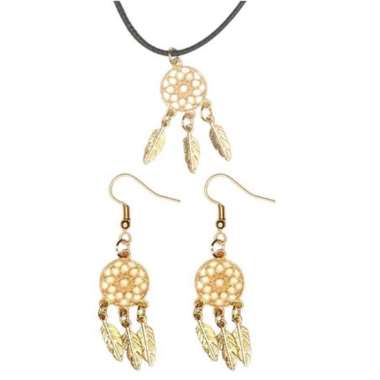 Imagen de Juego de Atrapasueños Color Dorado (Aretes+ Collar) Con Plumas de Diferentes Color Alta Durabilidad + 10 Modelos  para Escoger x1-10