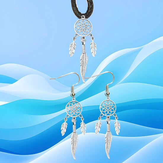 Imagen de Juego de Atrapasueños Color Plata (Aretes+ Collar) Con Plumas de Diferentes Color Alta Durabilidad + 10 Modelos  para Escoger x1-10