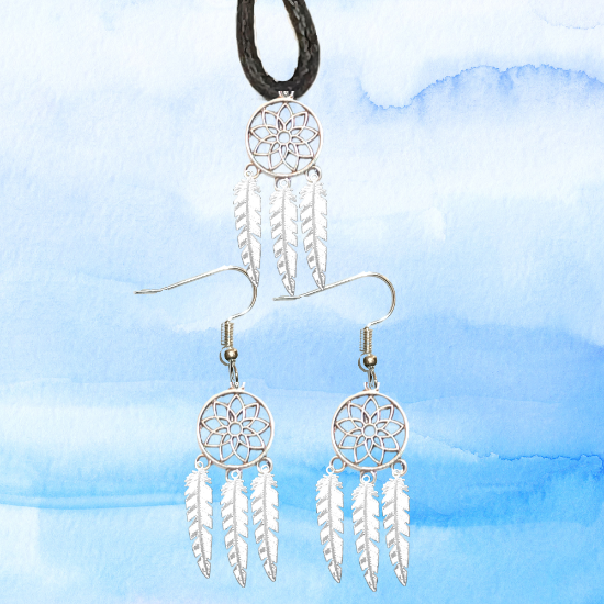 Imagen de Juego de Atrapasueños Color Plata (Aretes+ Collar) Con Plumas de Diferentes Color Alta Durabilidad + 10 Modelos  para Escoger x1-10