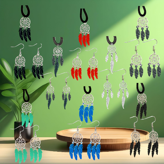 Imagen de Juego de Atrapasueños Color Plata (Aretes+ Collar) Con Plumas de Diferentes Color Alta Durabilidad + 10 Modelos  para Escoger x1-10