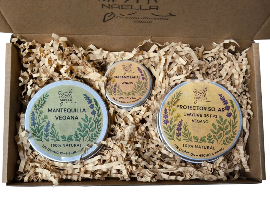 Imagen de Mantequilla corporal, protector solar UVA/UVB y bálsamo labial de cacao (naturales y veganos).